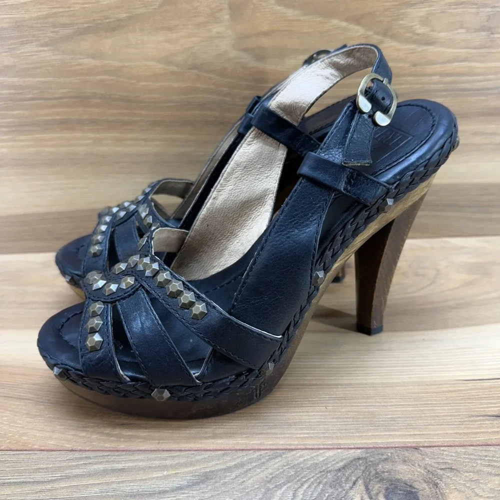 Frye Womens Heels 7.5 Dara Honeycomb Sling Black Leather Platform Studded